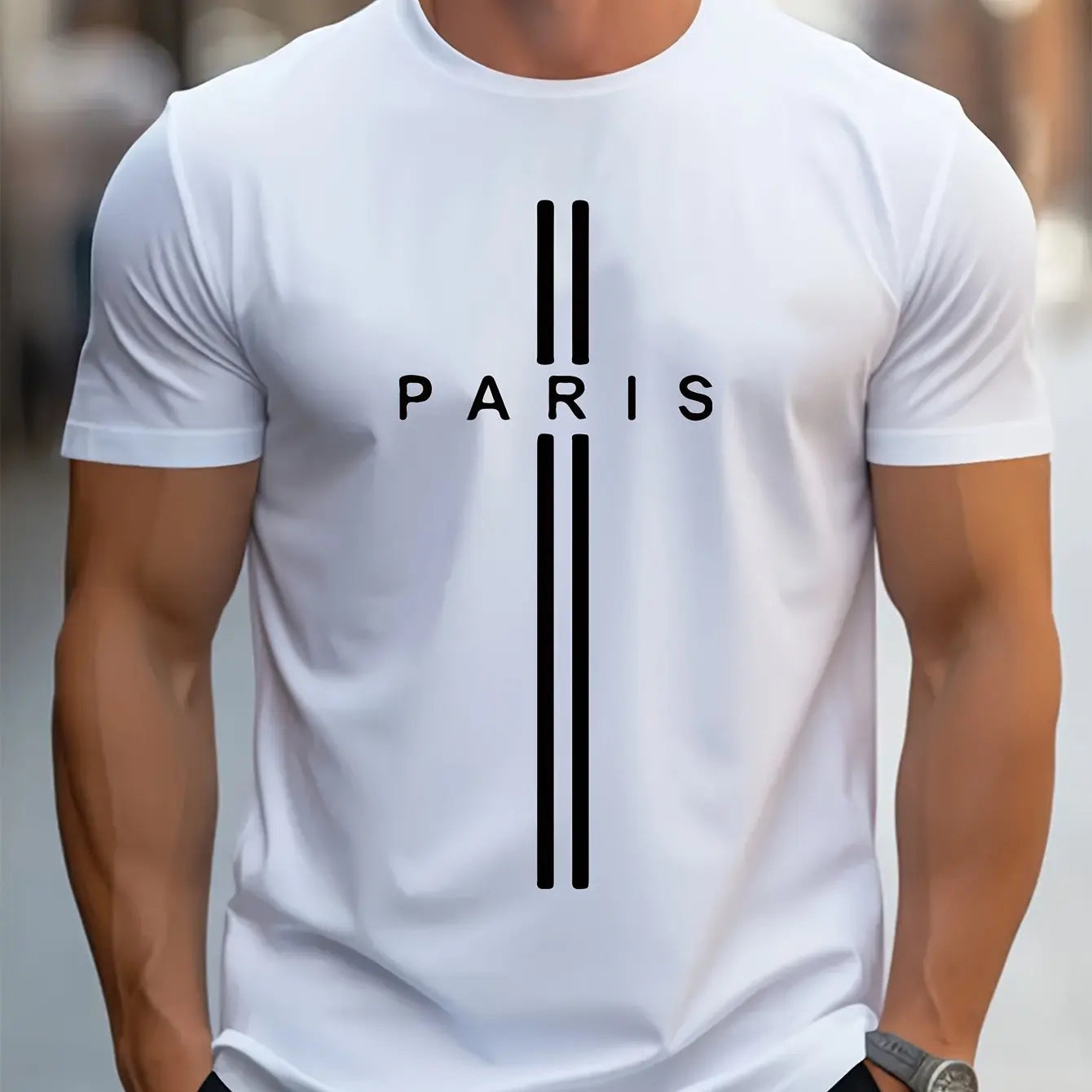 Men's 100% pure cotton summer loose fitting oversized Paris print casual slim fit round neck short sleeved T-shirt top