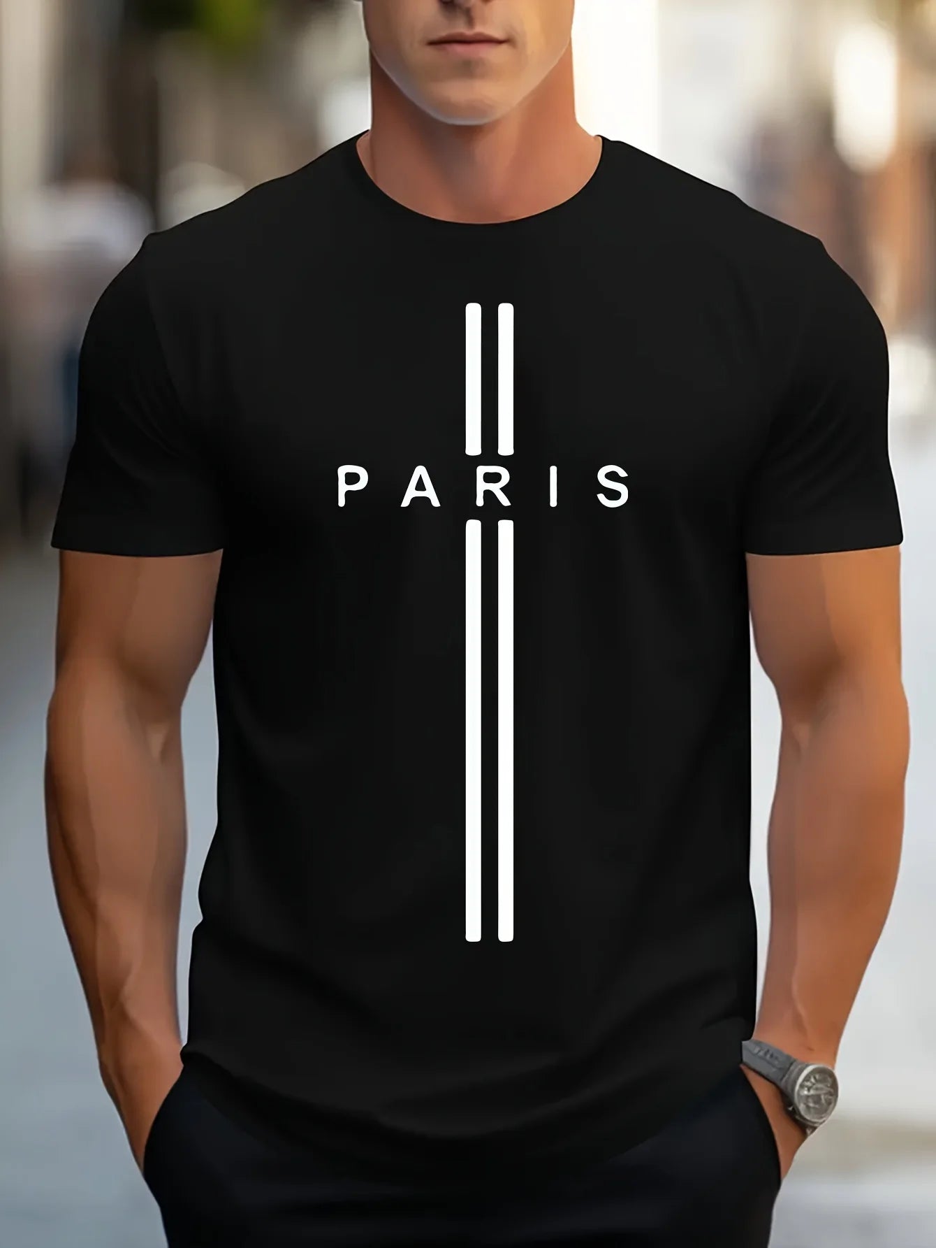 Men's 100% pure cotton summer loose fitting oversized Paris print casual slim fit round neck short sleeved T-shirt top