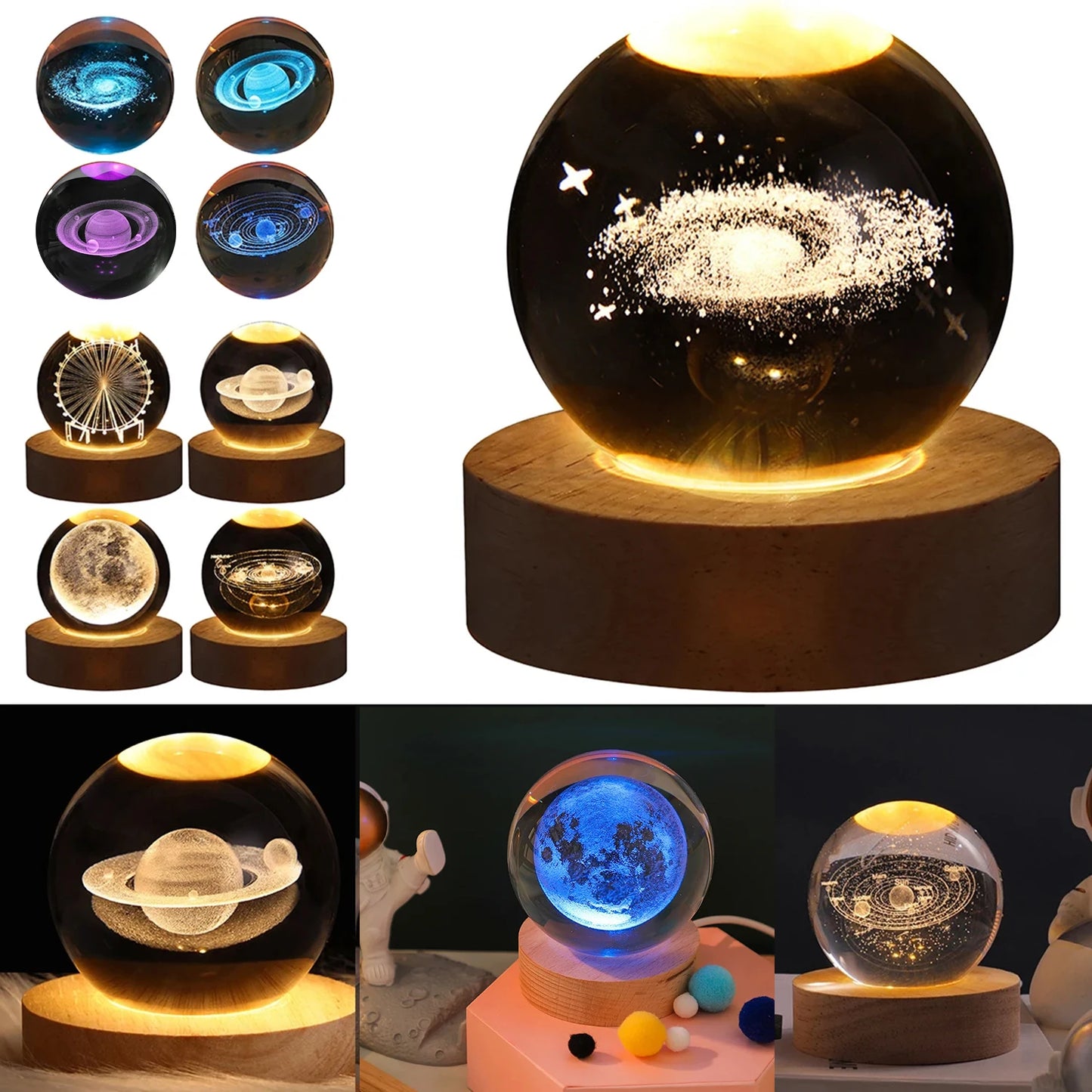 LED Crystal Ball Table Lamp USB Night Light 3D Moon Planet Galaxy Decor for Home Table Lamp Party Toys for Kids Adult Xmas Gifts