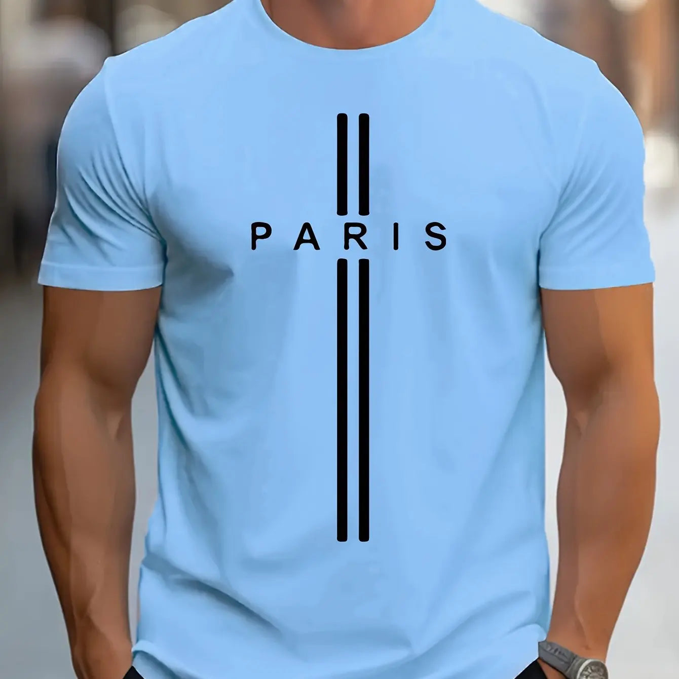 Men's 100% pure cotton summer loose fitting oversized Paris print casual slim fit round neck short sleeved T-shirt top