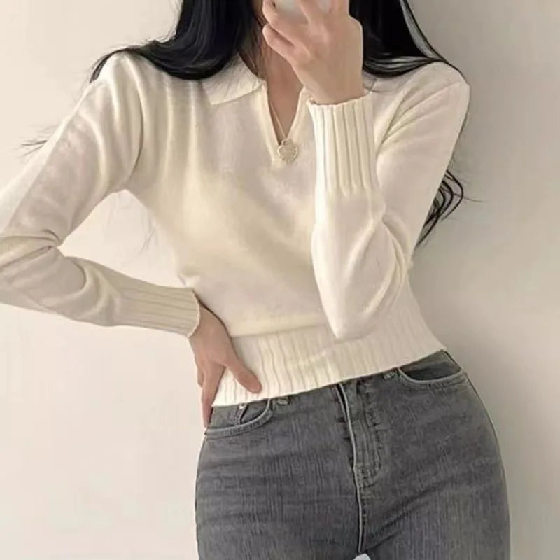 Xpqbb Korean Chic Turndown Collar Sweaters Female